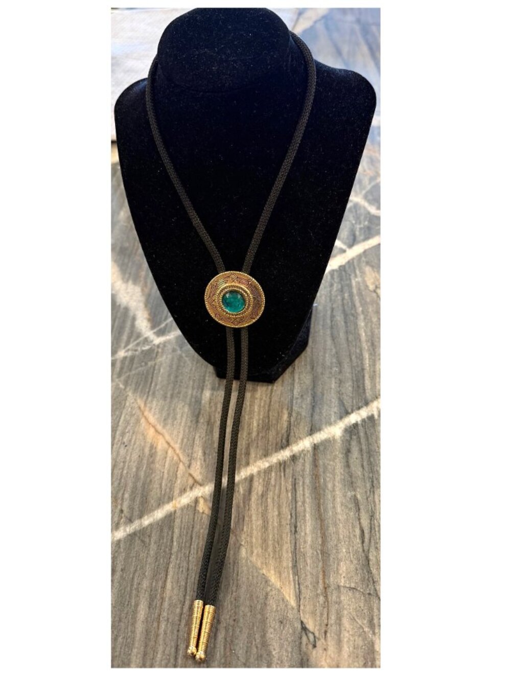 Vintage Bronze Tone Bolo with Green Glass Rhinestone